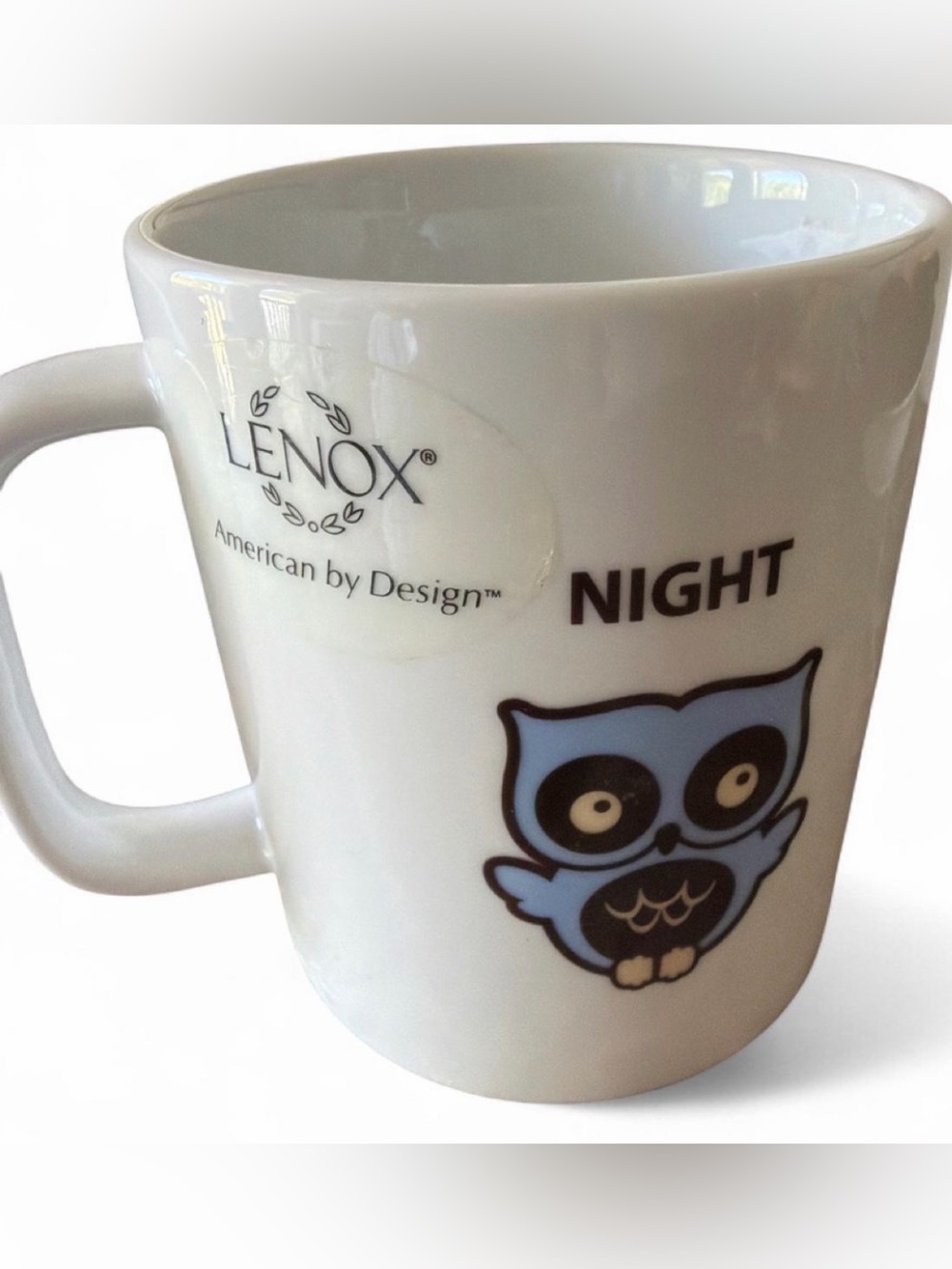Lenox White Ceramic Owl Accent Mug with Blue and Black Design